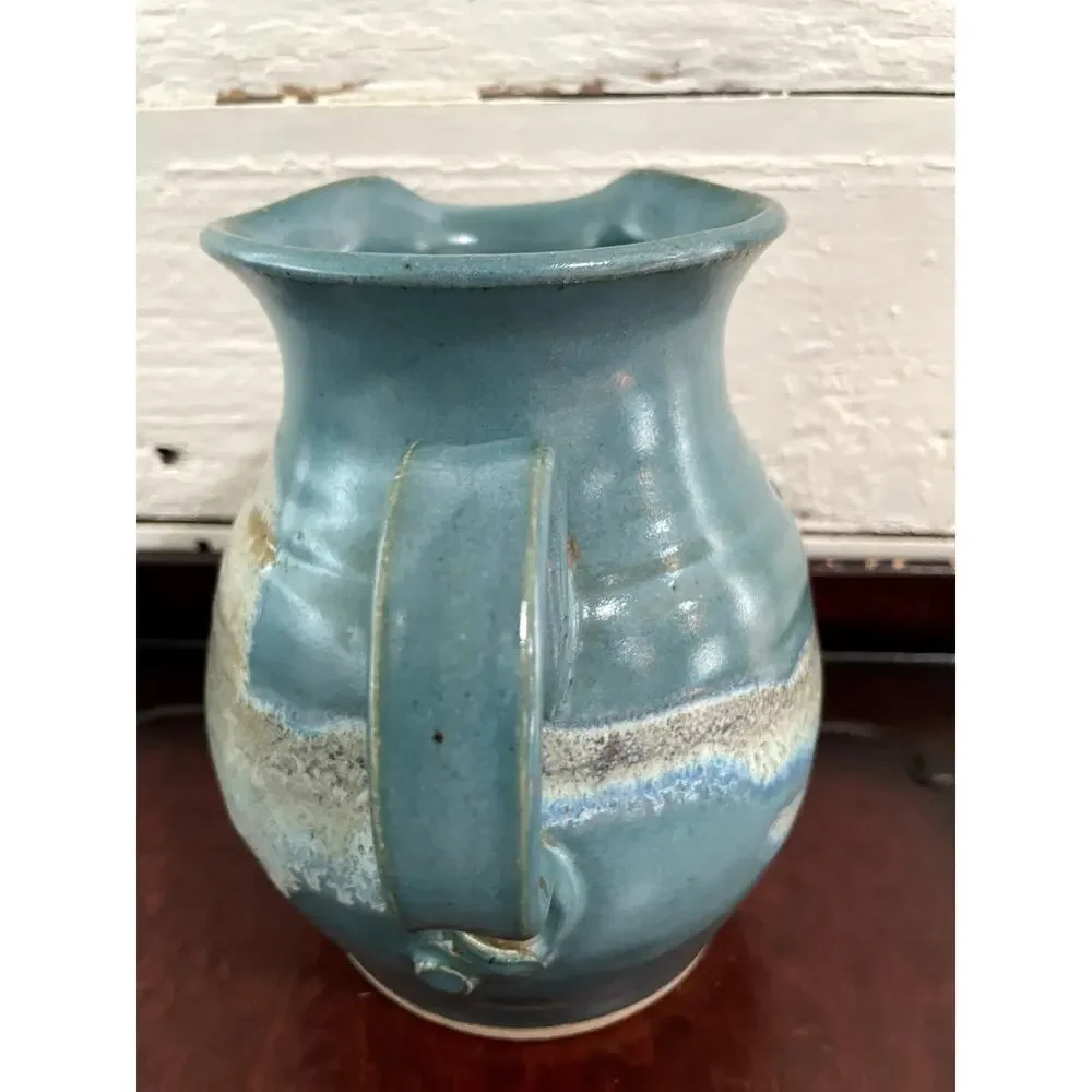 Vintage 1983 Signed Studio Pottery Stoneware Pitcher Turquoise Blue Glaze 7
